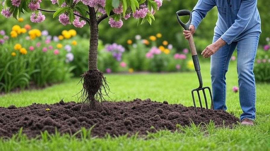 Aerating compacted soil around cherry tree with garden fork, exposing healthy roots in a lush garden.