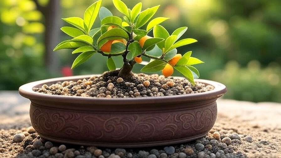 "Citrus bonsai in a repotting setup with well-draining soil and pebbles".