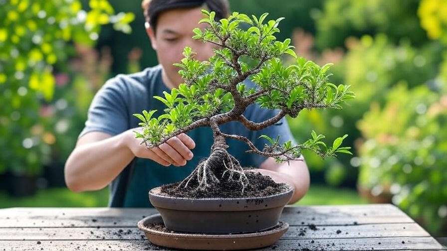 Step-by-step repotting of an apple tree bonsai with fresh soil and trimmed roots in a garden setting."
