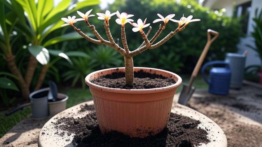 Repotting a frangipani tree into a new container with fresh soil."
