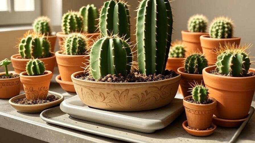 Propagated cactus cuttings and new potted cacti on a sunny windowsill."