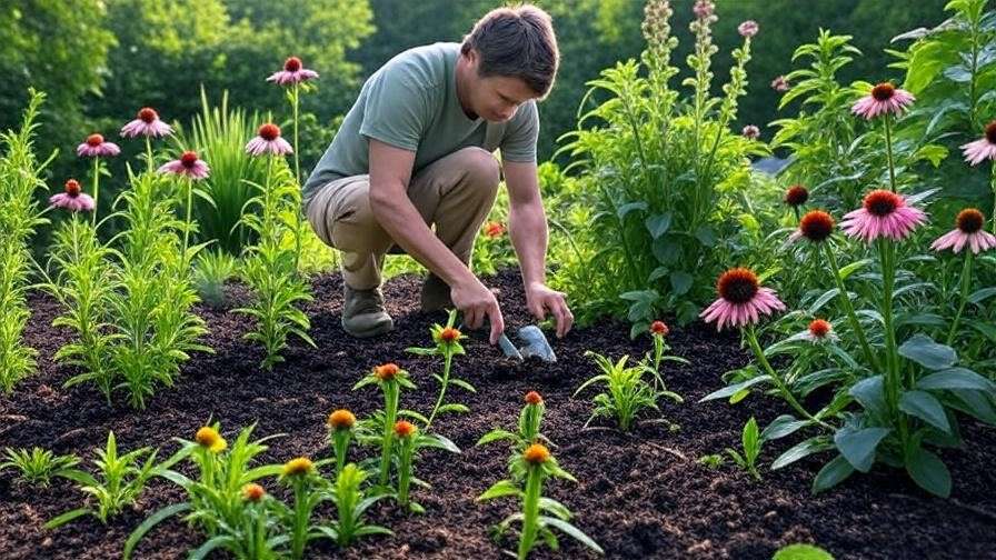 Gardener planting native plants like bee balm in a restored garden".