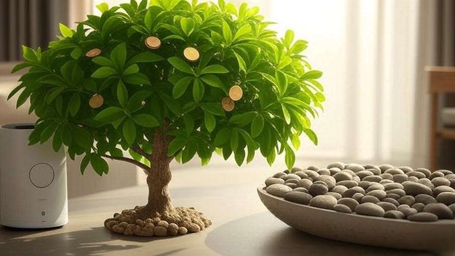 "Money tree with drooping leaves near humidifier and pebble tray for humidity care."