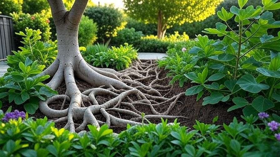 "Fig tree with root barrier protecting a garden patio, showcasing effective root management."