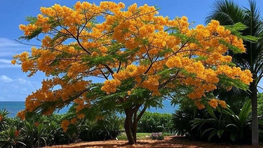 Royal Poinciana tree with yellow-orange blooms in a coastal garden