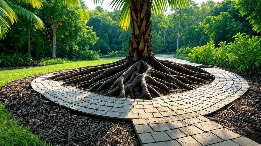 Palm tree with exposed roots covered by permeable pavers in a tropical walkway"