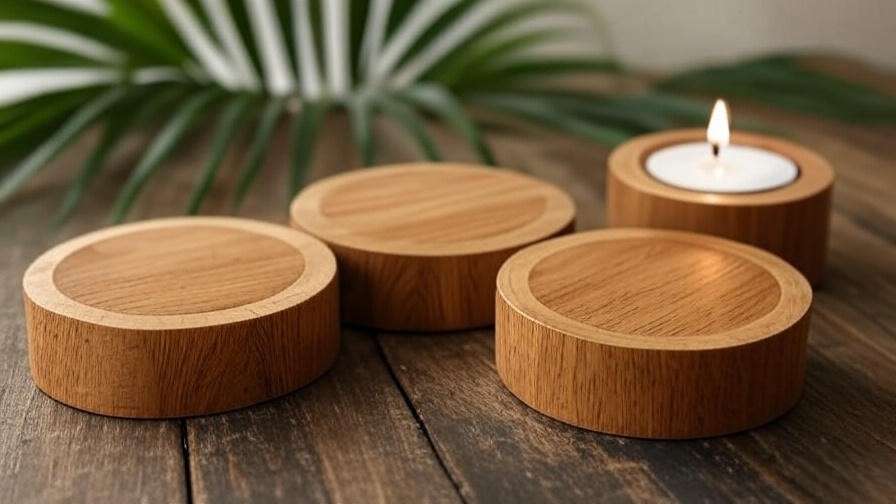 Polished coconut palm wood coasters with a tea light candle on a rustic table.