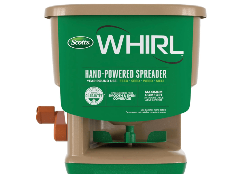 
Scotts Whirl Hand-Powered Spreader for Grass Seed, Fertilizer, Salt, Ice Melt, Handheld Spreader Holds up to 1,500 