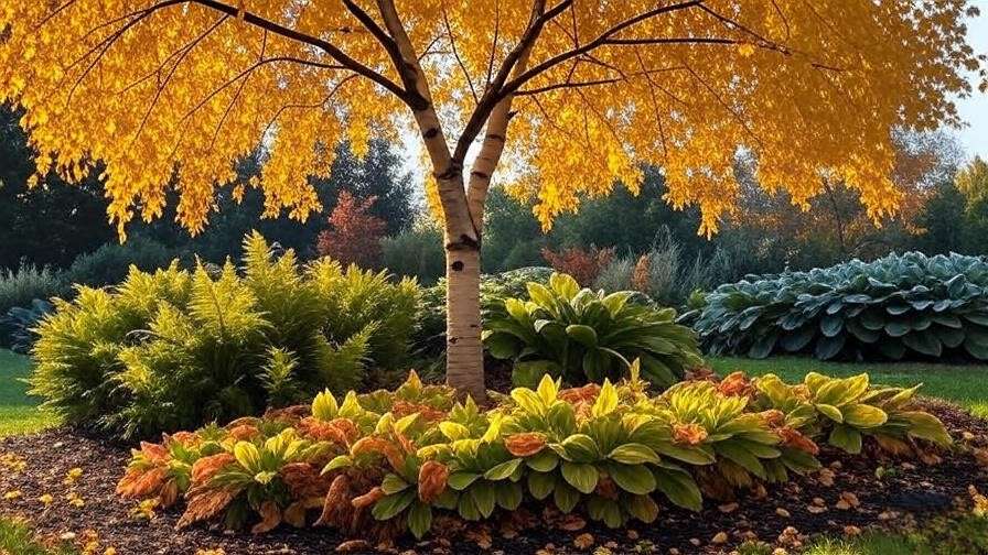 Birch tree with golden autumn leaves and companion plants in a garden."