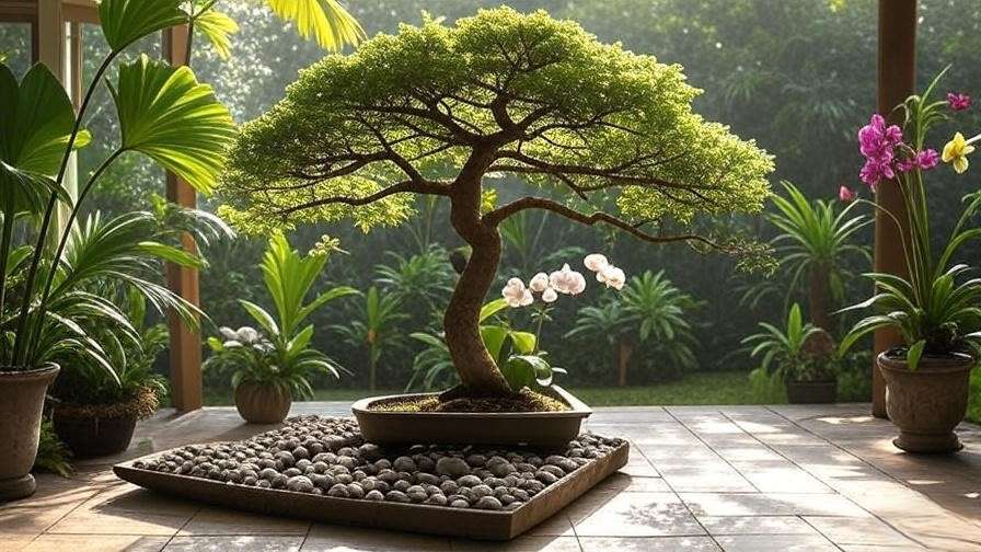"Money tree bonsai in a shaded outdoor patio with tropical plants and a pebble tray for humidity."