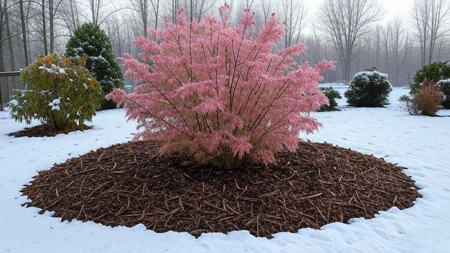 Willow Tree Pink with mulch in a snowy winter garden