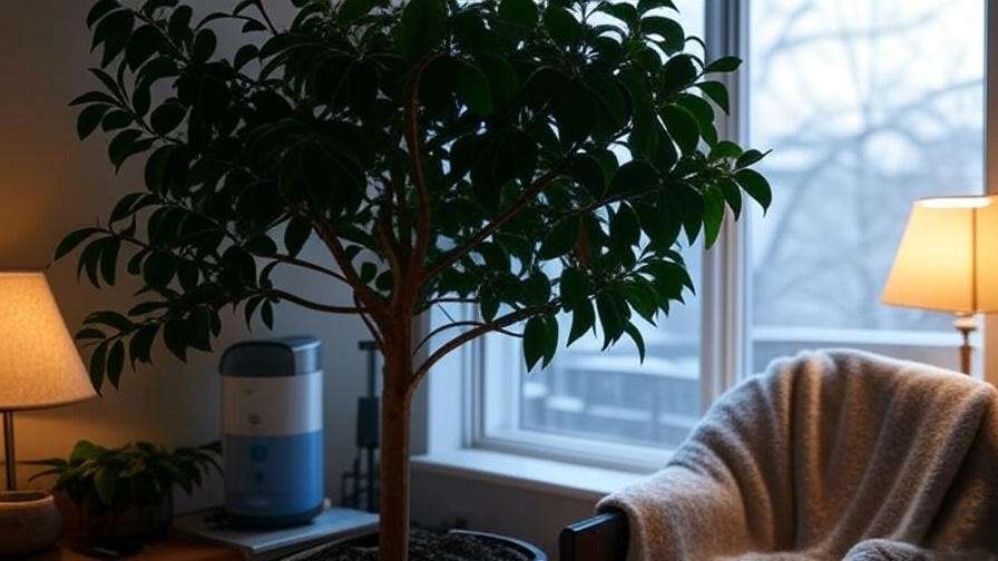 Ficus tree protected with humidifier and blanket in winte