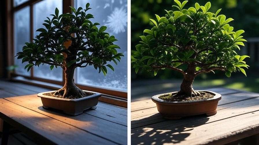 "Ficus bonsai tree under grow light in winter and outdoors in summer shade."