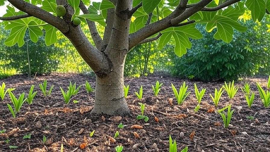 Green fig tree in a garden across seasons with mulch, growth, fruit, and fall foliage."
