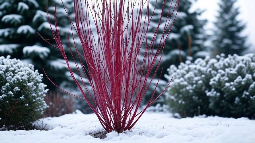 Purple willow tree with vibrant stems in a snowy winter garden."