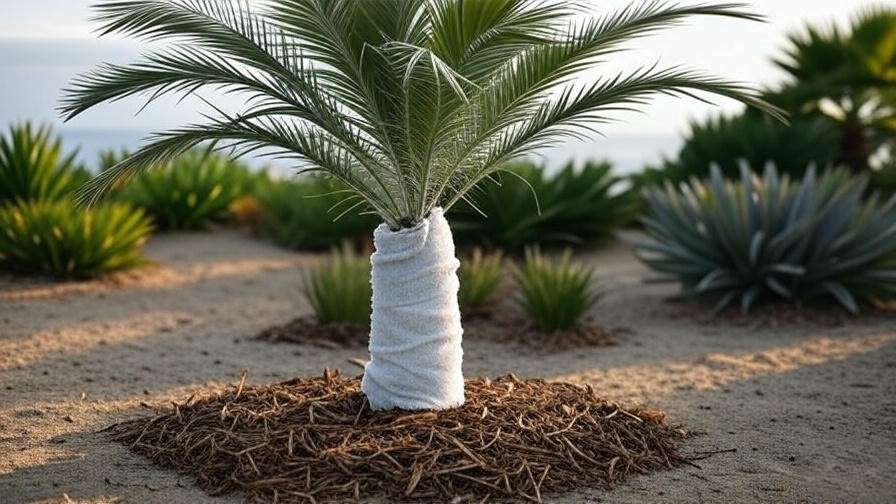 'Silver palm tree wrapped in frost cloth with mulch in a winter coastal garden.'