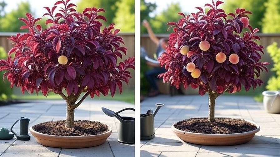 Bonfire Patio Peach Tree care calendar showing pruning and fruiting seasons on a patio with tools."
