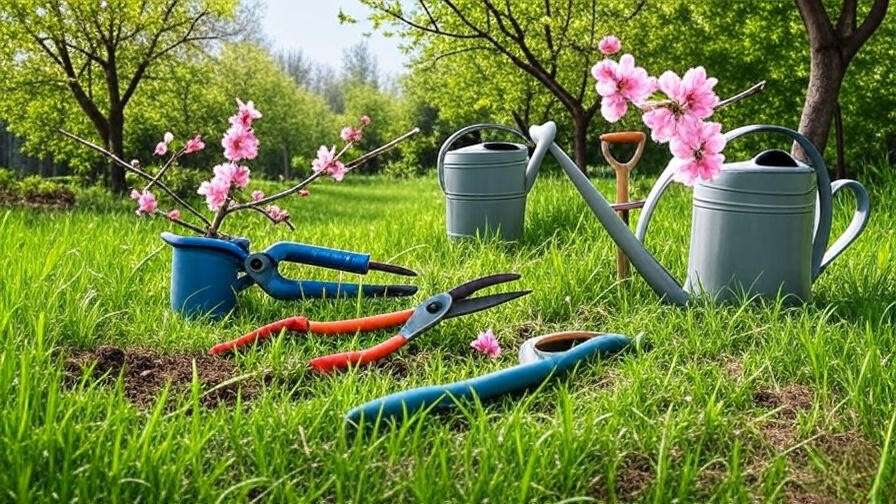 Illustrated care calendar with gardening tools and peach blossoms for Belle of Georgia peach tree care.