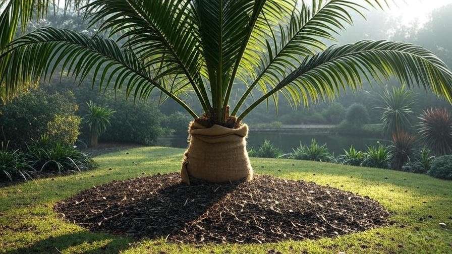 Black palm tree with mulch and covered trunk for winter care in a tropical garden