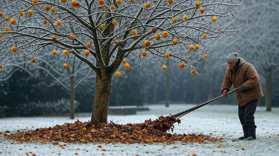 Winter-protected pear tree with fallen leaves being raked in a snowy garden."
