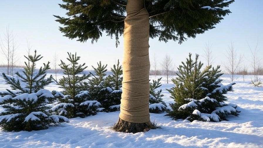 Swedish aspen tree wrapped in burlap in a snowy winter garden".