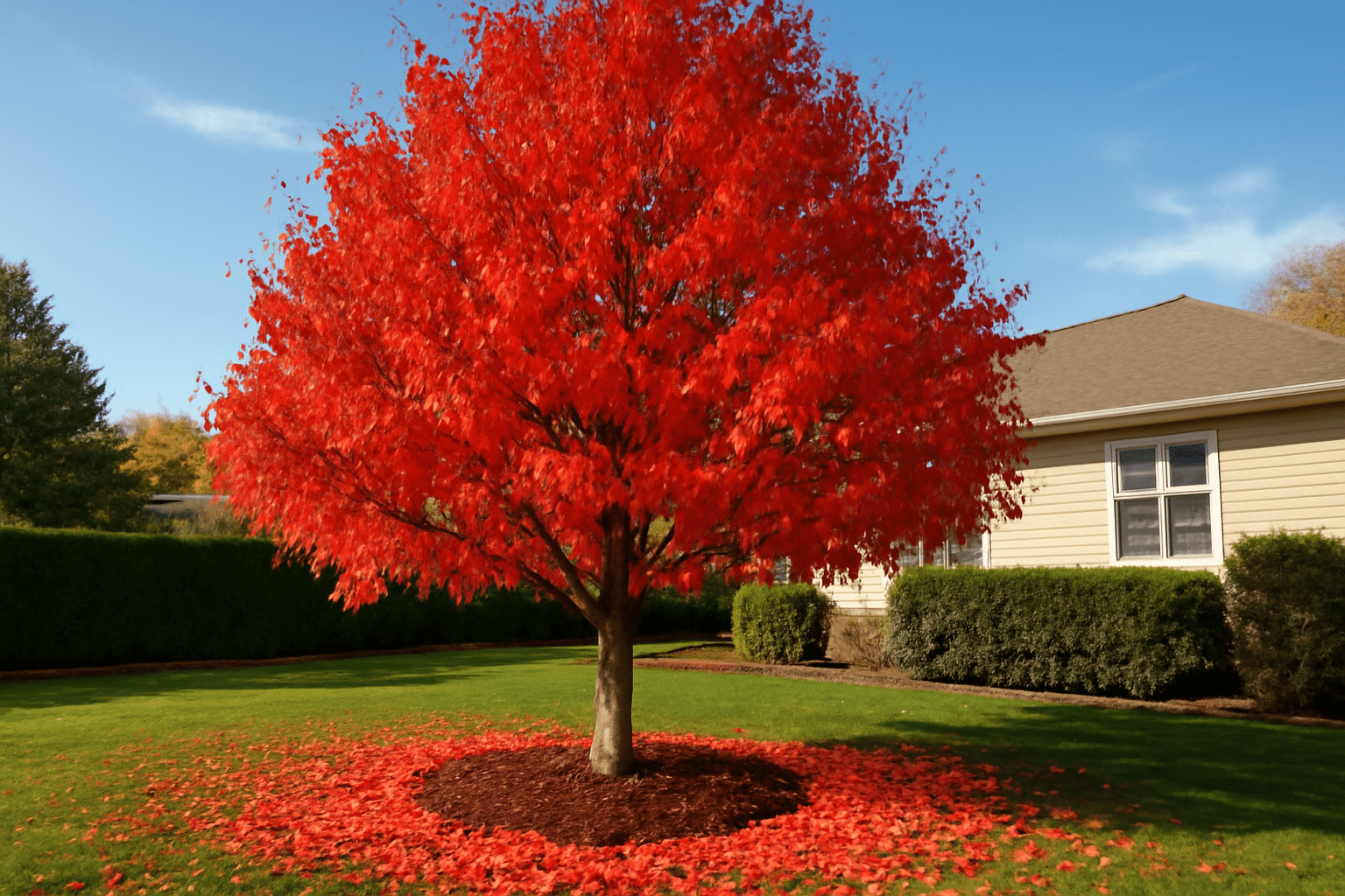 "Cleveland Pear Tree with red fall foliage and mulch in an autumn garden."