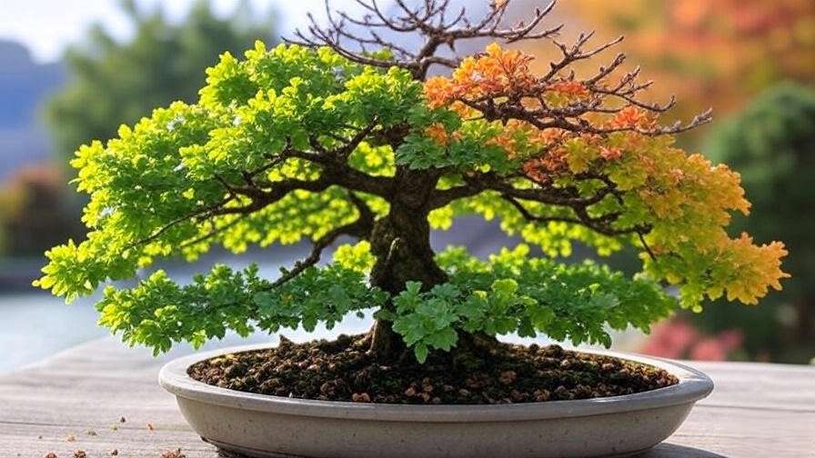 Seasonal progression of a bonsai oak tree from spring to winter.
