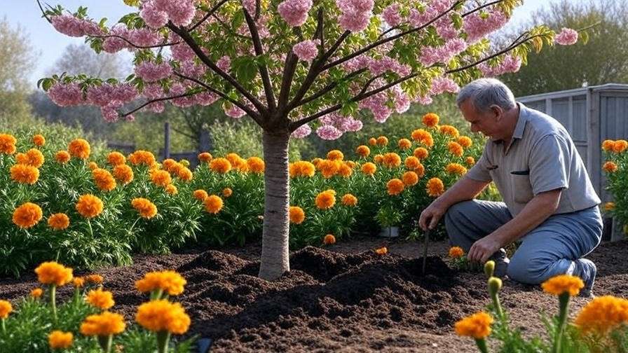 Cherry tree with marigolds and gardener adding compost in spring garden".