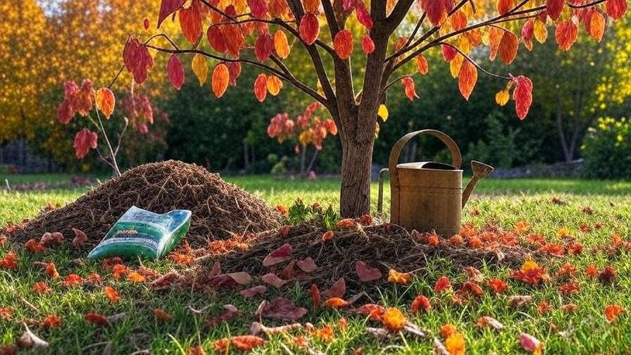 Mulberry tree with mulch, watering can, and fertilizer in an autumn garden."