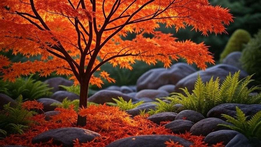 Japanese laceleaf maple tree with vibrant fall orange and red leaves in a Zen garden."
