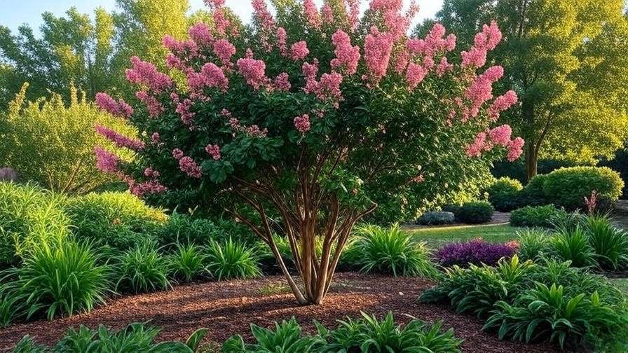 Seasonal collage of a pink crape myrtle tree from spring to winter in a garden