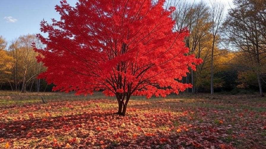"Red Maple tree with vibrant autumn leaves in a scenic landscape".