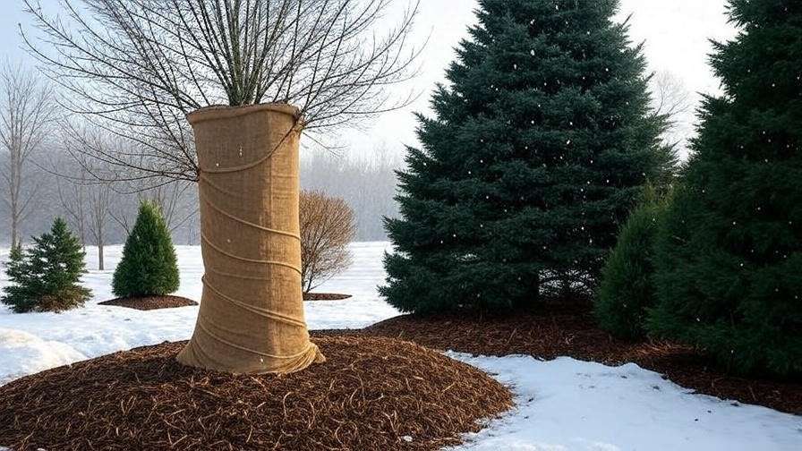 Lincoln tree wrapped for winter with mulch in a snowy garden."