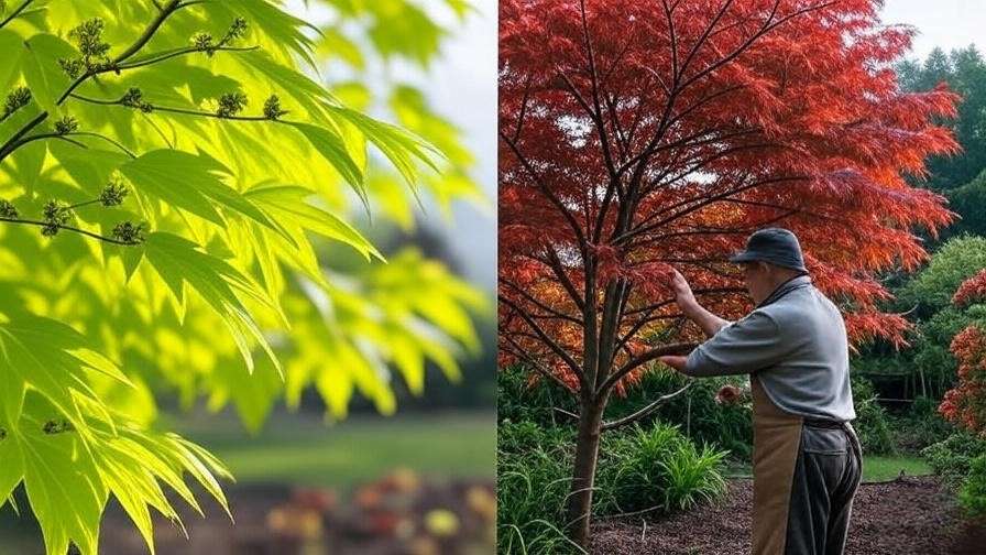 Japanese maple tree seasonal care with gardener pruning across spring, summer, fall, and winter."