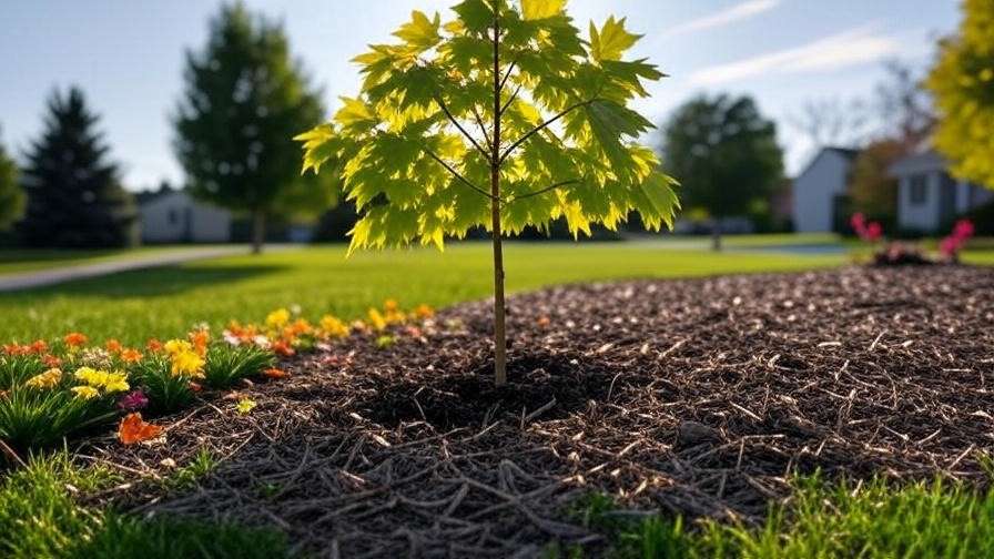 Seasonal care of a maple tree sapling with mulch and raked leaves".
