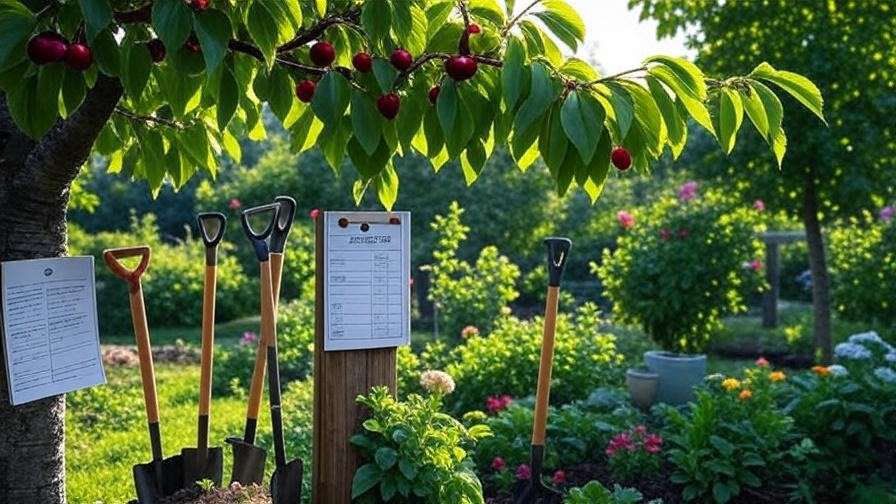 Cherry tree with seasonal care checklist and gardening tools.