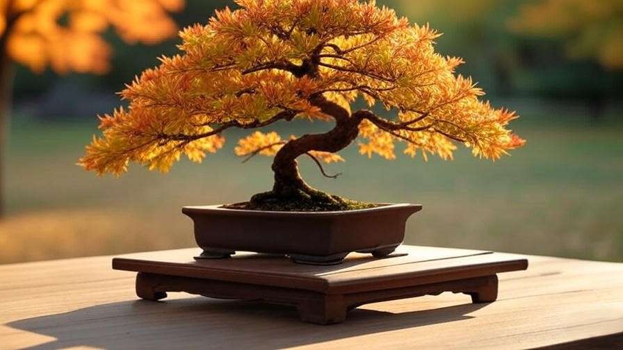 Bald cypress bonsai with bronze fall foliage on wooden stand"