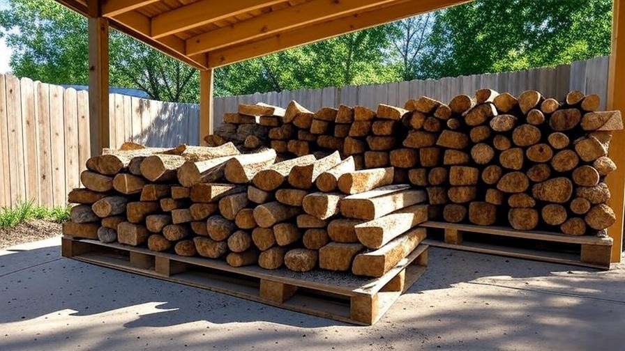 "Outdoor stack of split oak logs seasoning on pallets with covered top in sunny backyard."