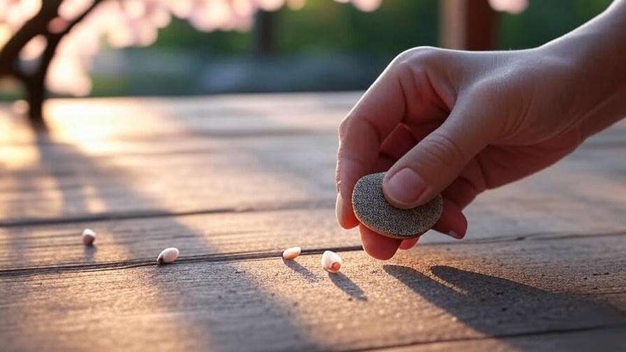 "Close-up of hand scarifying sakura tree seeds with sandpaper for germination preparation."