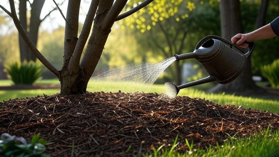 "Gardener mulching and watering a young magnolia tree in a lush garden."
