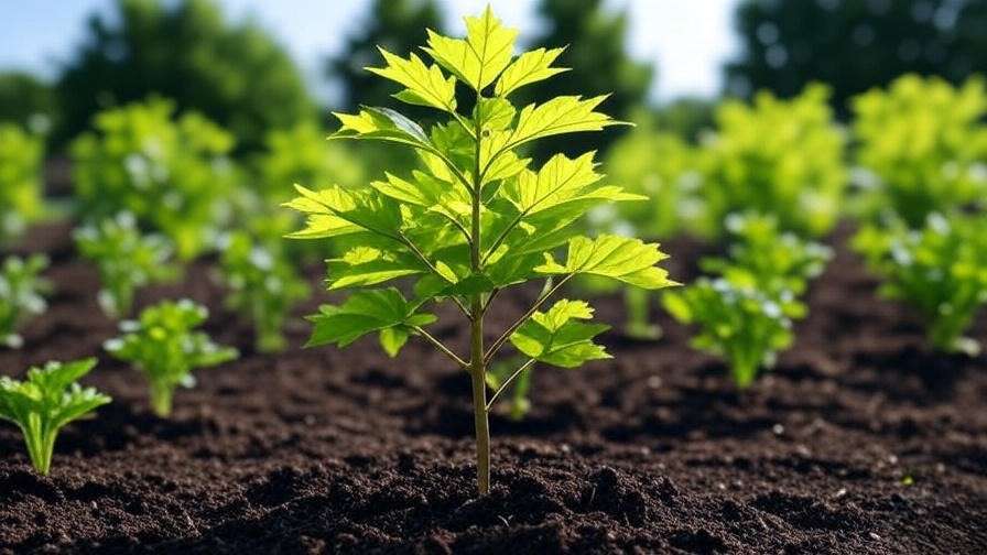 Healthy maple tree sapling in a nursery with green leaves and rich soil".