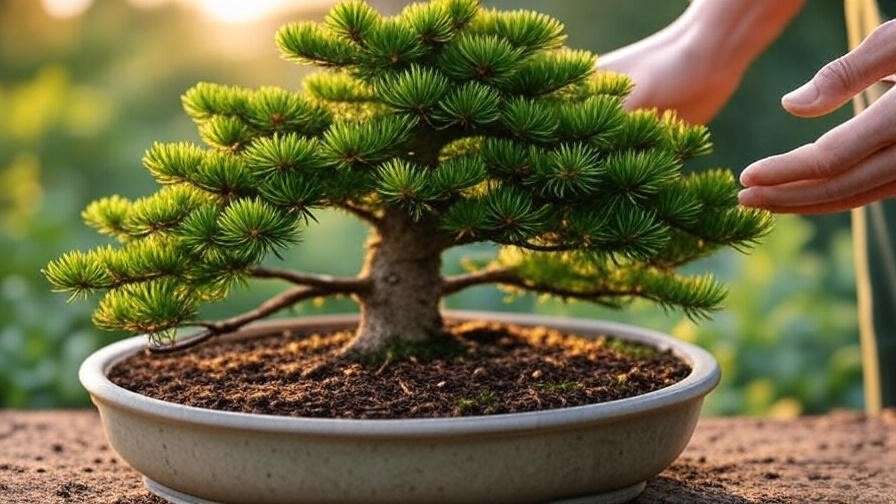 Close-up of a healthy spruce bonsai tree with vibrant green needles in a ceramic pot, hands inspecting branches.