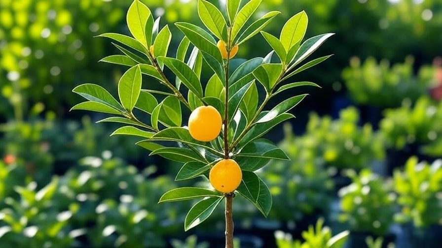 Healthy lemonade tree with glossy leaves and ripe fruit in a sunny nursery"