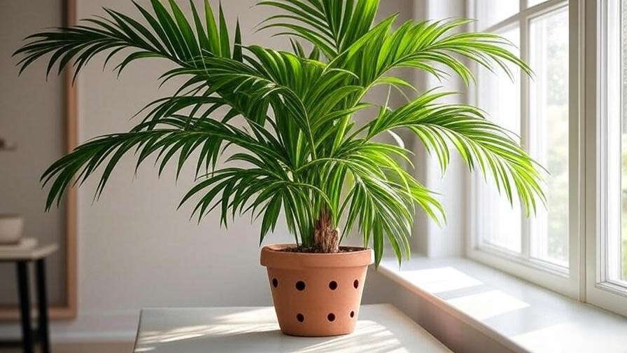Close-up of a healthy Parlor Palm in a terracotta pot on a windowsill with drainage holes".