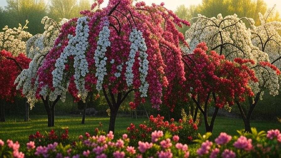 Weeping crabapple trees in bloom with pink, white, and red flowers in a garden."