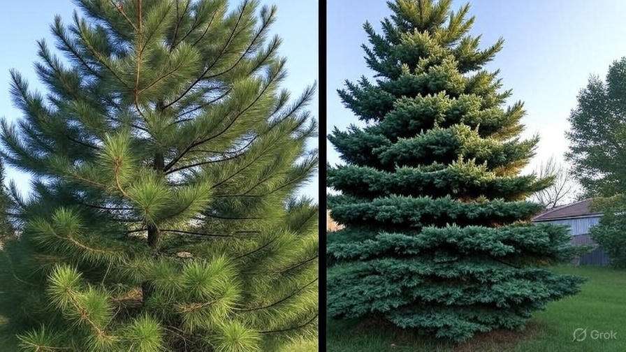  Before-and-after view of a pine tree, showing an overgrown tree transformed into a balanced, aesthetically pleasing shape through pruning.