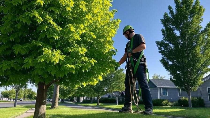 Arborist inspecting large tree with safety gear in suburban area.