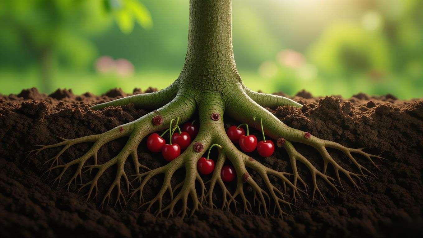 Close-up of cherry tree roots with nematode galls and healthy roots in dark soil."