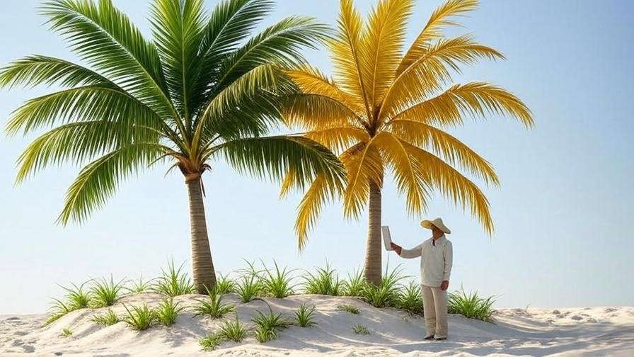 Palm tree with healthy and yellowing fronds for health assessment in a tropical setting"