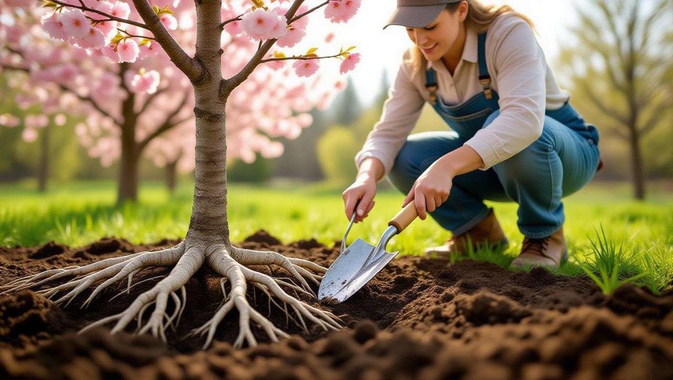 Gardener inspecting healthy cherry tree roots with a trowel in a gard